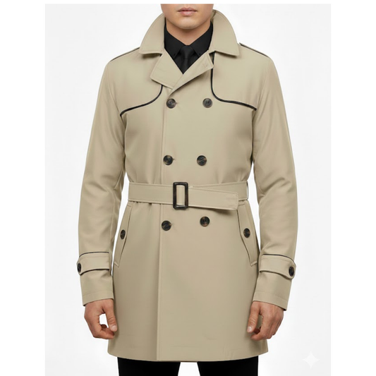 Men's Beige Double Breased Cotton Windbreaker Casual Lightweight Overcoat