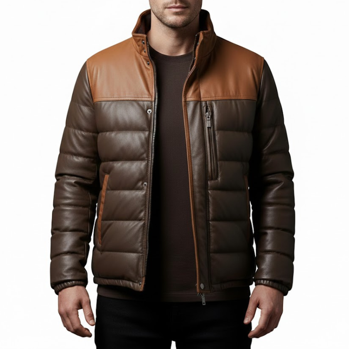 Men’s Two Tone Brown Leather Quilted Puffer Bomber Winter Jacket