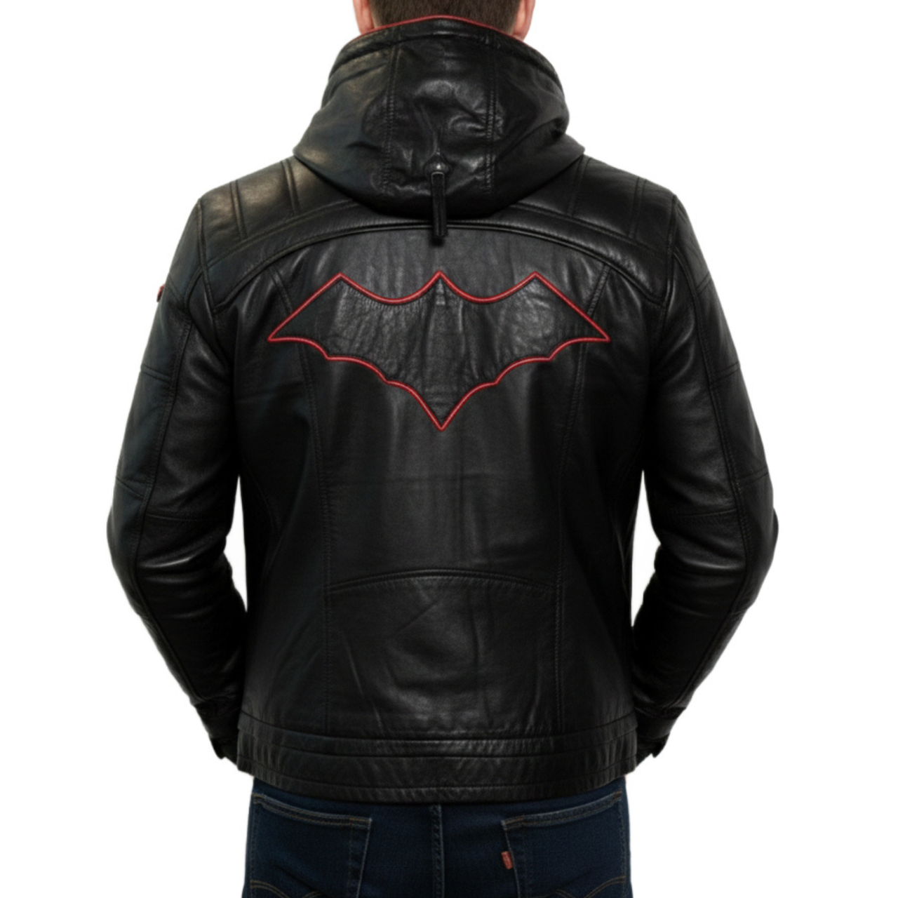 Mens Black And Red Hooded Real Sheepskin Leather Jacket
