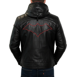 Mens Black And Red Hooded Real Sheepskin Leather Jacket