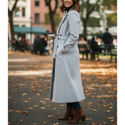 Women’s Light Grey Premium Wool Double-Breasted Long Trench Coat