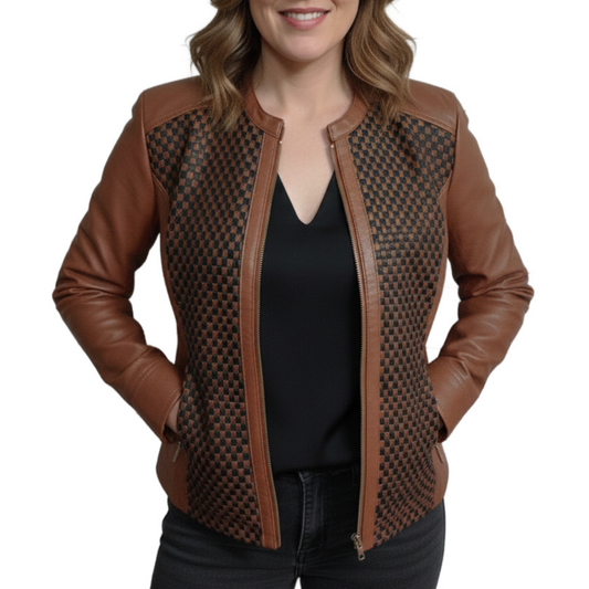 Womens Brown And Black Quilted Patterned Real Sheepskin Leather Jacket
