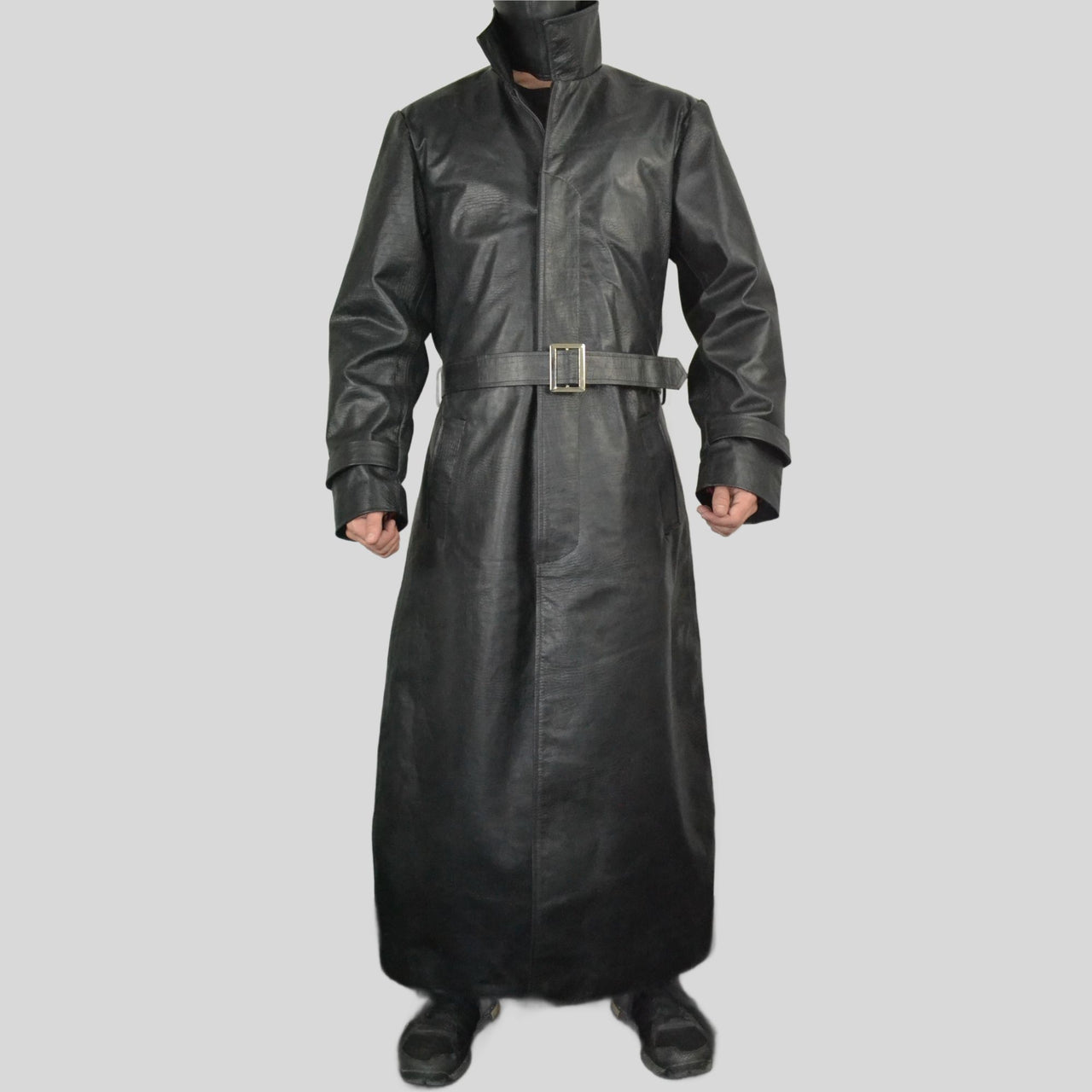 Men's Black Genuine Leather Full Length shirt style collar Long Belted Coat