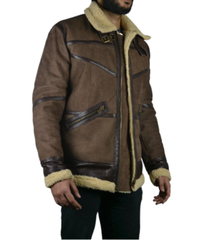 Men's Shearling Fur Bomber Brown Suede Leather Jacket