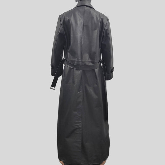 Men's Black Genuine Leather Full Length shirt style collar Long Belted Coat