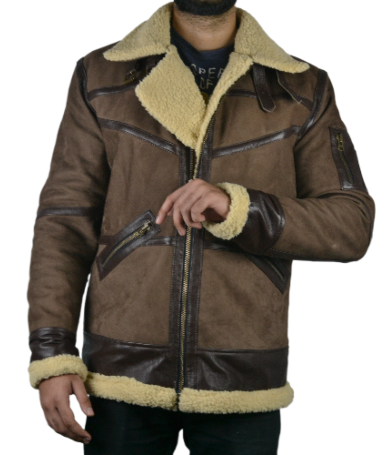 Men's Shearling Fur Bomber Brown Suede Leather Jacket