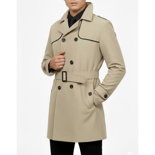 Men's Beige Double Breased Cotton Windbreaker Casual Lightweight Overcoat