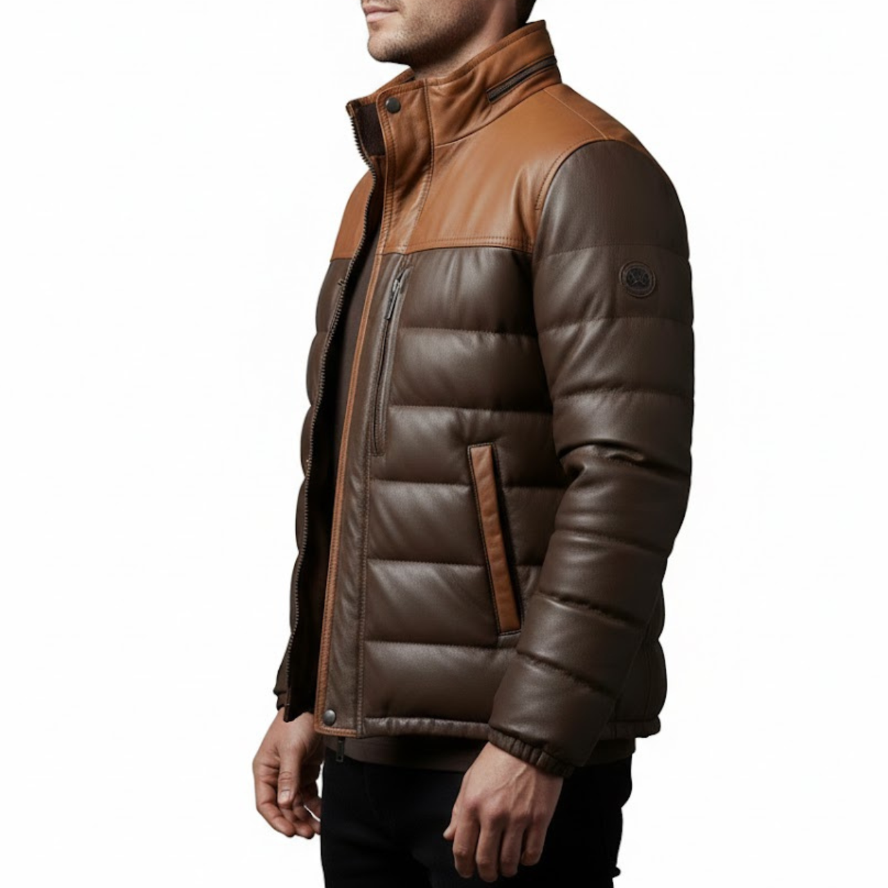 Men’s Two Tone Brown Leather Quilted Puffer Bomber Winter Jacket