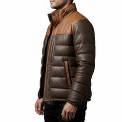 Men’s Two Tone Brown Leather Quilted Puffer Bomber Winter Jacket