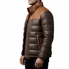 Men’s Two Tone Brown Leather Quilted Puffer Bomber Winter Jacket