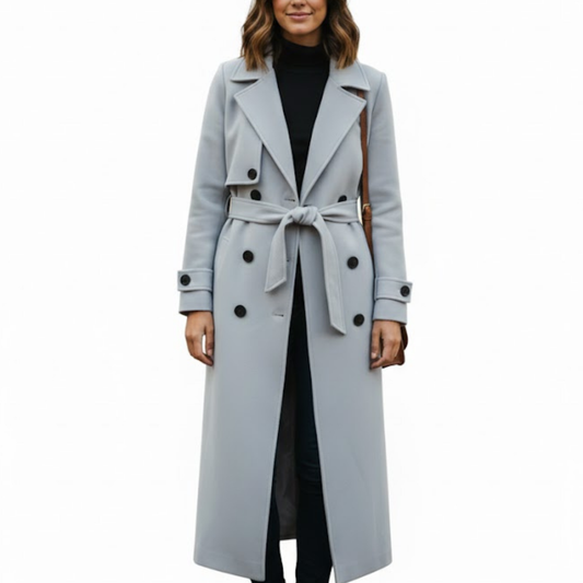 Women’s Light Grey Premium Wool Double-Breasted Long Trench Coat