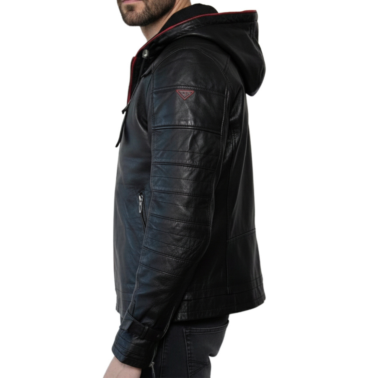Mens Black And Red Hooded Real Sheepskin Leather Jacket