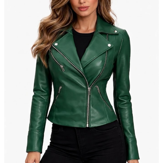 Women's Moto Style Green Leather Biker Jacket