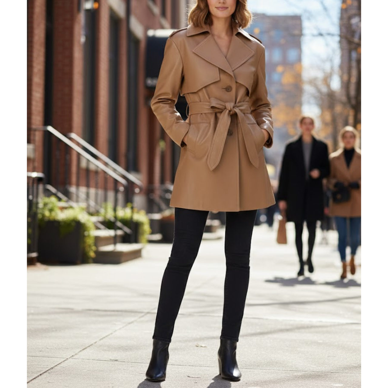 Women's Classic Camel Brown Real Leather Single Breasted Pea Coat