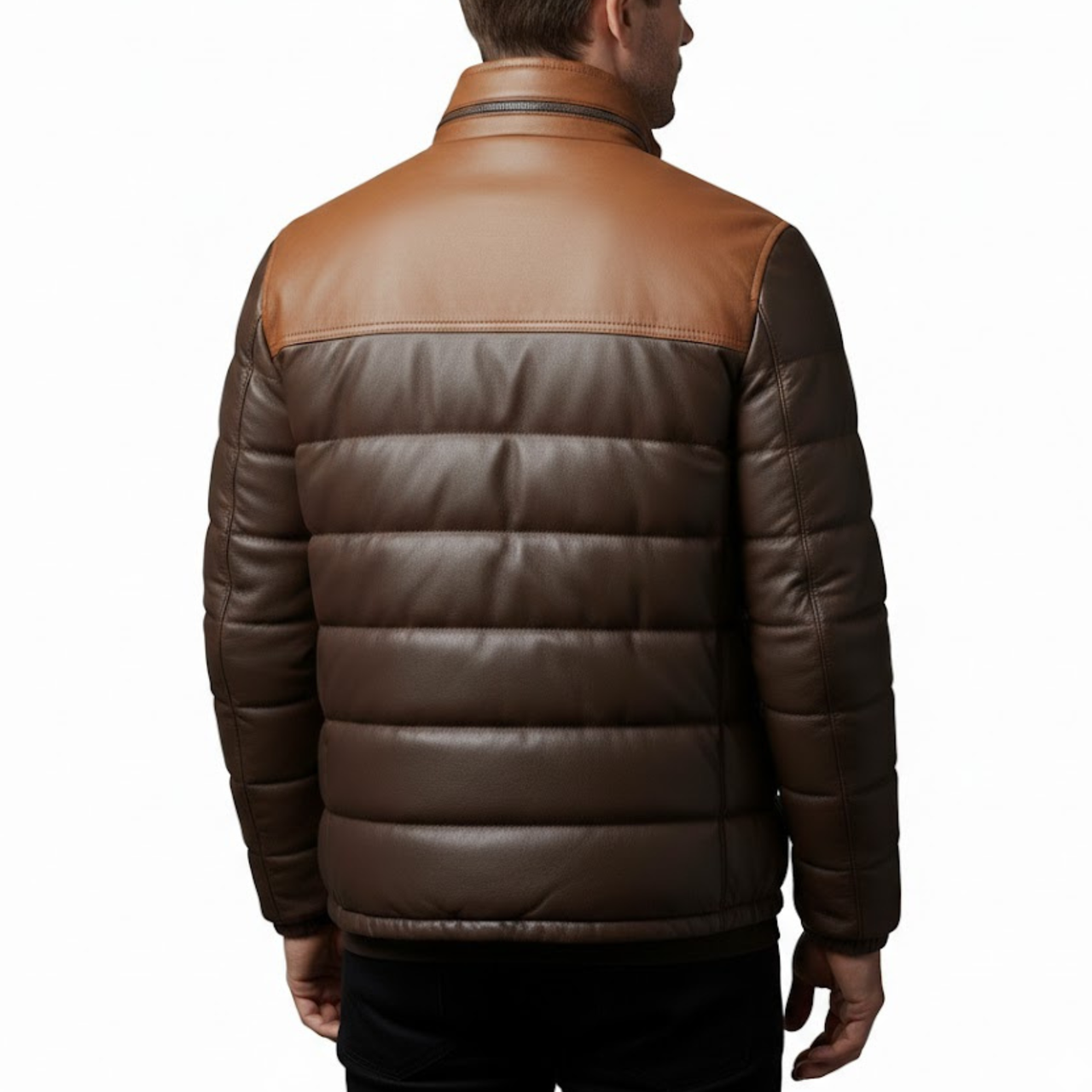 Men’s Two Tone Brown Leather Quilted Puffer Bomber Winter Jacket