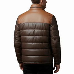 Men’s Two Tone Brown Leather Quilted Puffer Bomber Winter Jacket