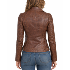 Womens Vintage Brown Leather Slim Fit Biker Motorcycle Jacket
