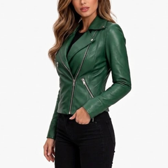 Women's Moto Style Green Leather Biker Jacket