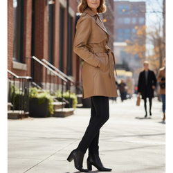 Women's Classic Camel Brown Real Leather Single Breasted Pea Coat