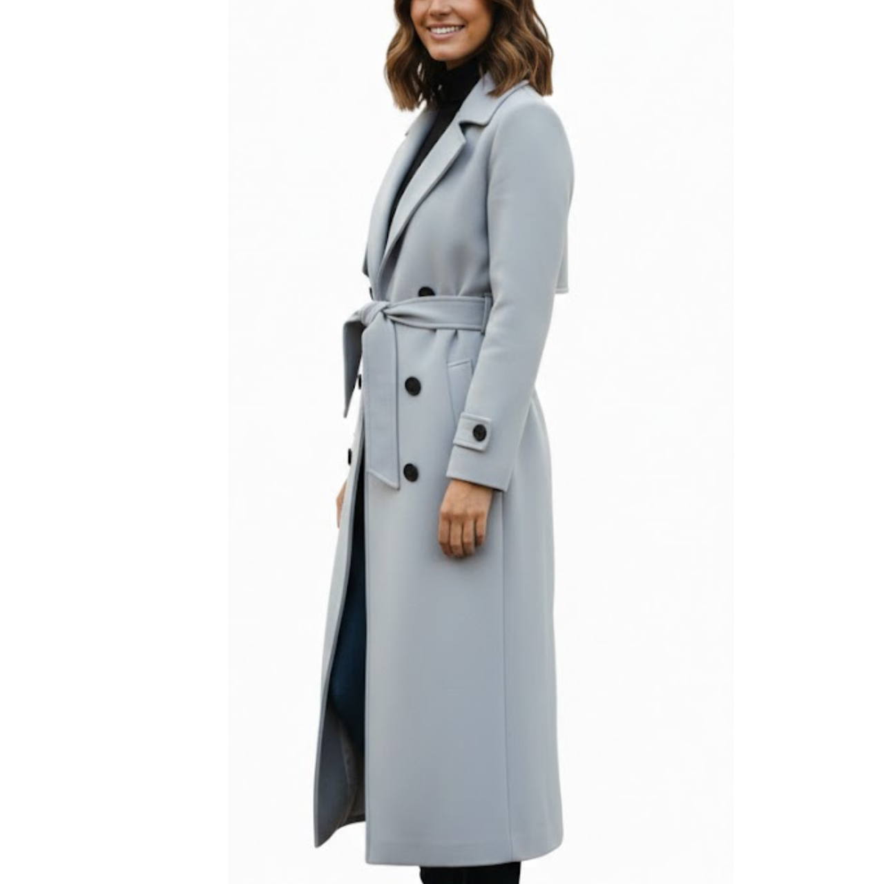 Women’s Light Grey Premium Wool Double-Breasted Long Trench Coat
