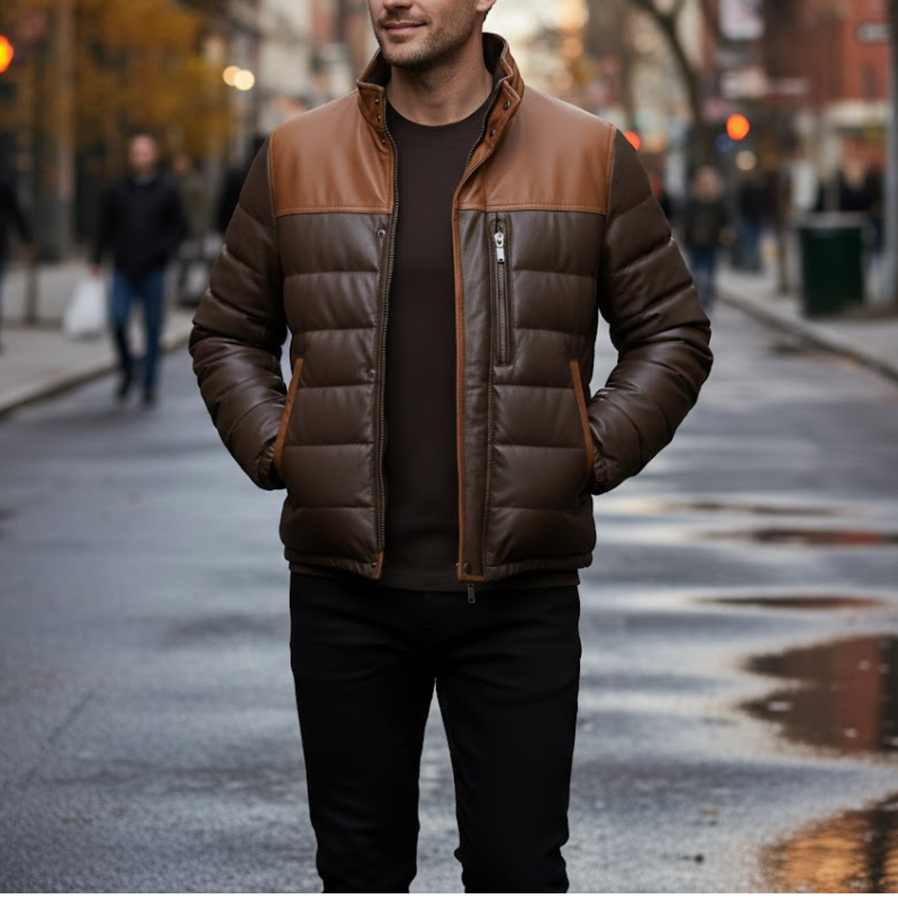 Men’s Two Tone Brown Leather Quilted Puffer Bomber Winter Jacket