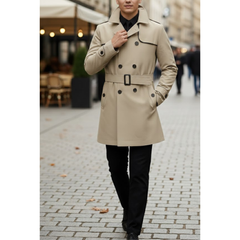 Men's Beige Double Breased Cotton Windbreaker Casual Lightweight Overcoat