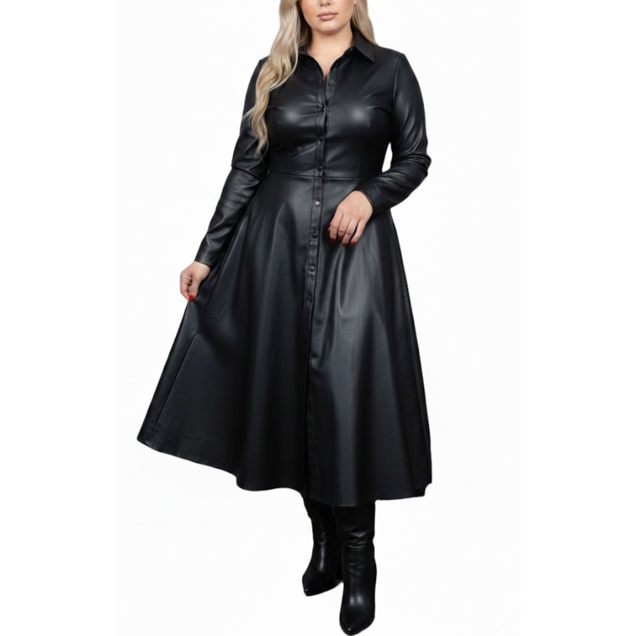 Women's Black Sheepskin Leather Stylish Dress Outfit Long Coat