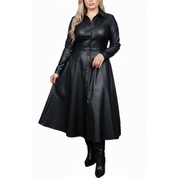 Women's Black Sheepskin Leather Stylish Dress Outfit Long Coat