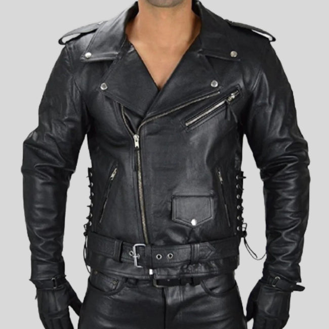 Biker Motorcycle Side lace-up Leather Jacket Men's