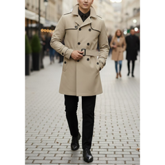 Men's Beige Double Breased Cotton Windbreaker Casual Lightweight Overcoat