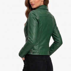 Women's Moto Style Green Leather Biker Jacket
