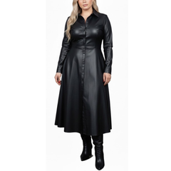 Women's Black Sheepskin Leather Stylish Dress Outfit Long Coat