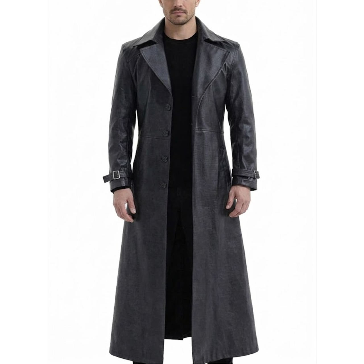 Mens Black Leather Cosplay Style Long Trench Coat