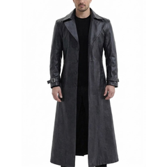 Mens Black Leather Cosplay Style Long Trench Coat