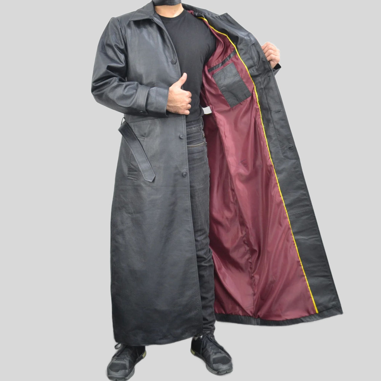 Men's Black Genuine Leather Full Length shirt style collar Long Belted Coat