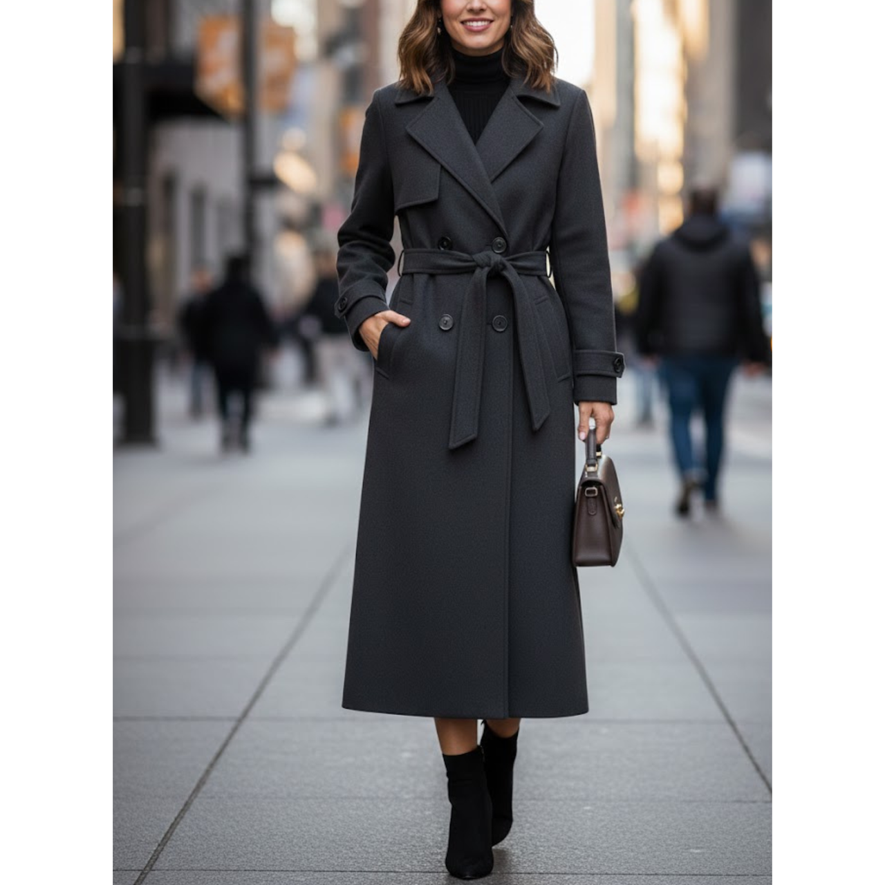 Women’s Charcoal Grey Premium Wool Double-Breasted Long Trench Coat