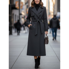 Women’s Charcoal Grey Premium Wool Double-Breasted Long Trench Coat