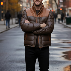 Men’s Two Tone Brown Leather Quilted Puffer Bomber Winter Jacket