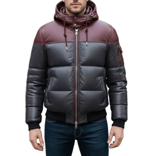 Men’s Two Tone Bubble Quilted Winter Puffer Hooded Bomber Jacket