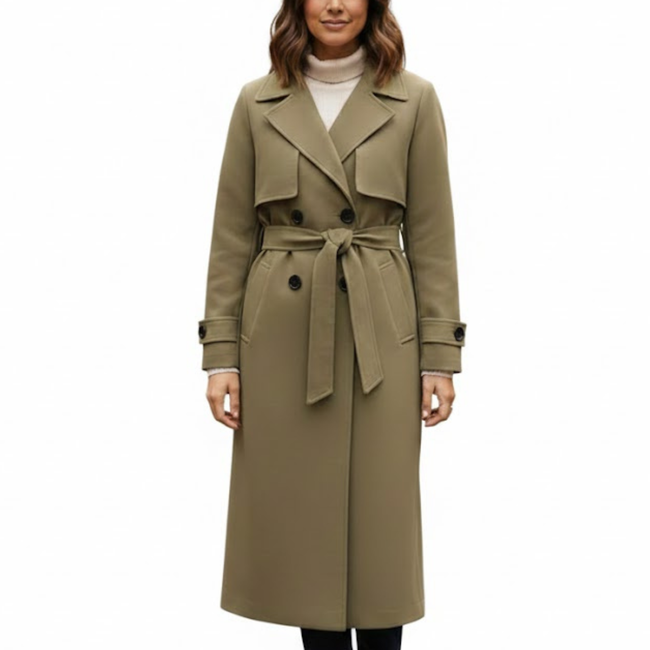 Women’s Khaki Premium Wool Double-Breasted Long Trench Coat