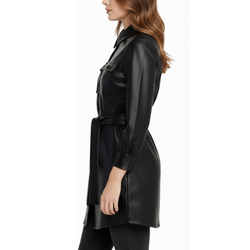 Women's Black Real Leather New Shirt Style Belted Coat