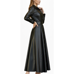 Women's Black Sheepskin Leather Belted Style Dress Outfit Trench Coat