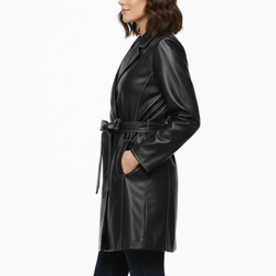 Women's Stylish Black Leatehr Belted Style Coat Blazer