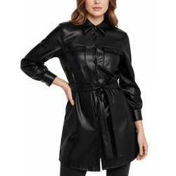 Women's Black Real Leather New Shirt Style Belted Coat