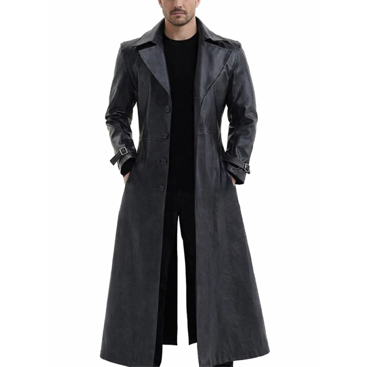 Mens Black Leather Cosplay Style Long Trench Coat