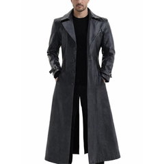 Mens Black Leather Cosplay Style Long Trench Coat