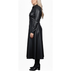 Women's Black Sheepskin Leather Stylish Dress Outfit Long Coat