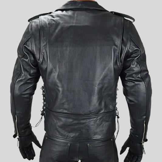 Biker Motorcycle Side lace-up Leather Jacket Men's