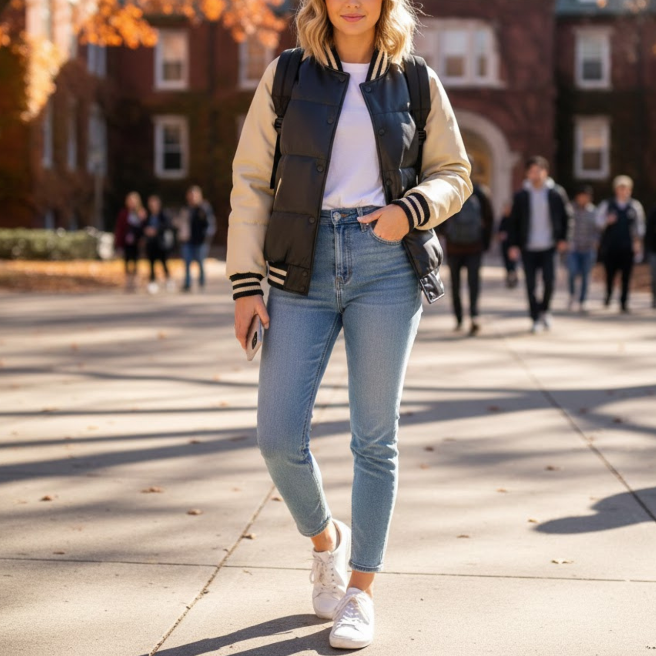 Women’s Black And Cream White Leather Varsity Letterman Bomber Winter Jacket
