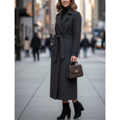 Women’s Charcoal Grey Premium Wool Double-Breasted Long Trench Coat